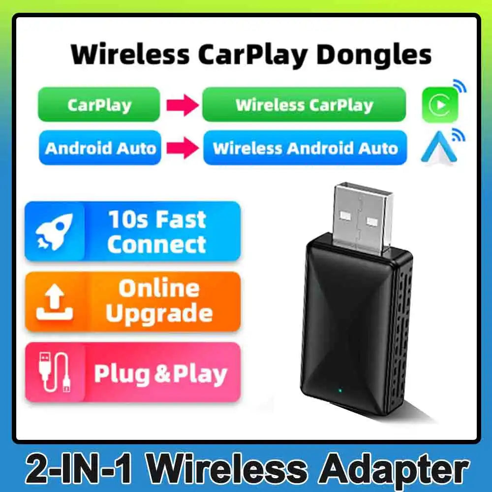 2in1 Wired to Wireless CarPlay Android Auto Adapter for OEM Car Stereo With USB Plug and P