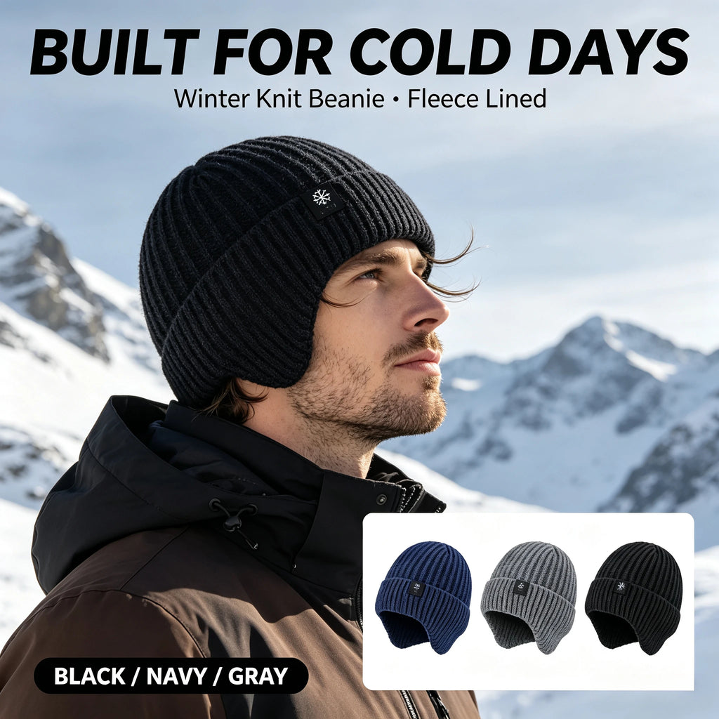 Faux Fur Lined Winter Knitted Hat Men Thick Soft Plush Warm Peaked Cap Ear Protection Earmuff Ou - Automotive LED Light