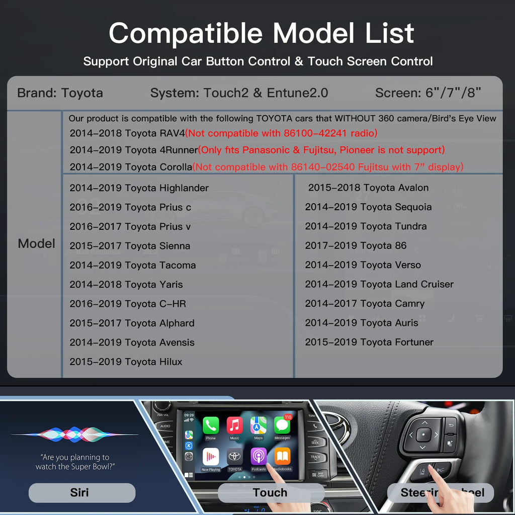 Wireless Carplay Android Auto For TOYOTA RAV4 Corolla Tacoma Camry CHR Tundra Highlander P