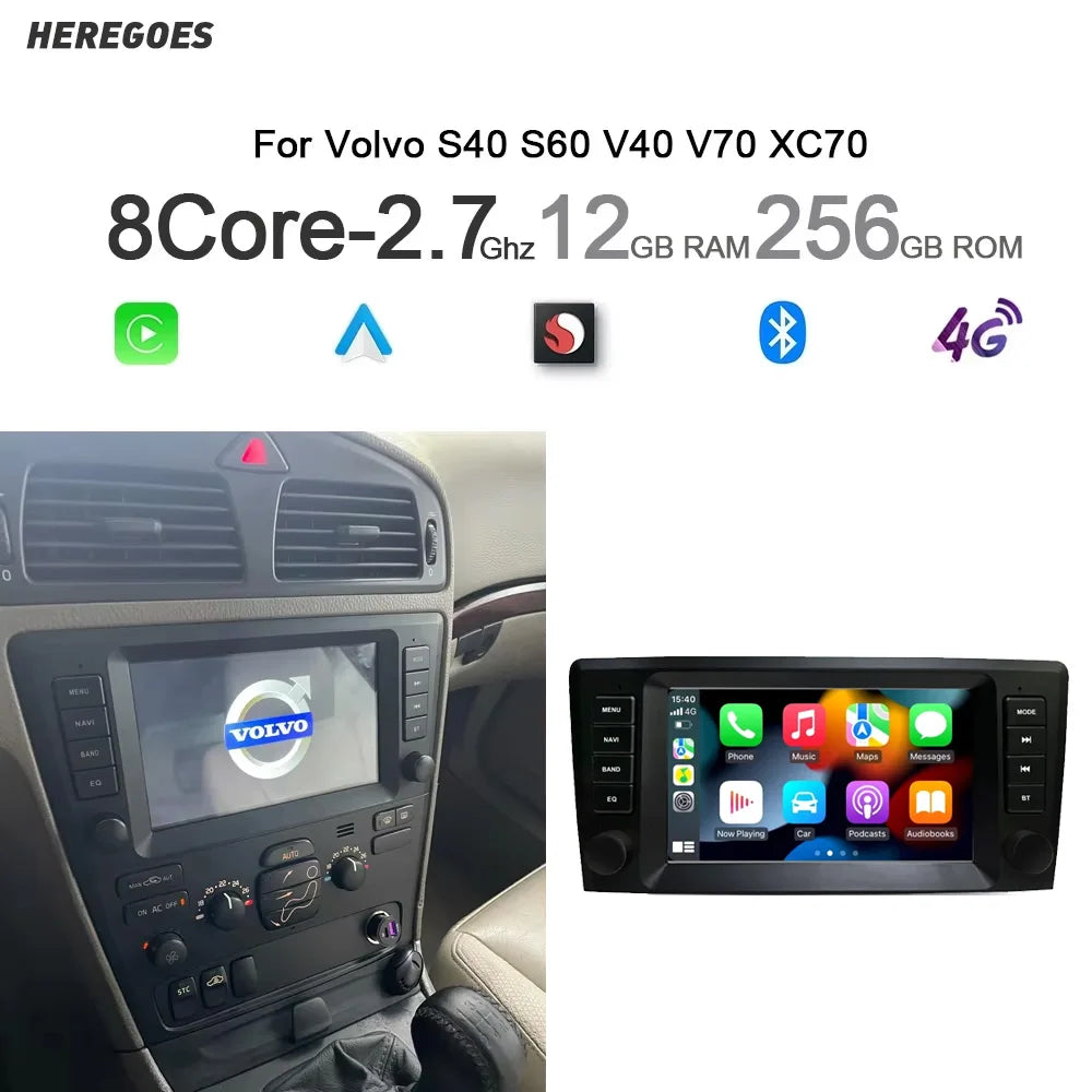 12.3" Car Radio GPS Android 14 8GB Player Multimedia Navigation Wifi for Volvo XC70 V70 S60 2005-2009 - 2K IPS Screen, 2