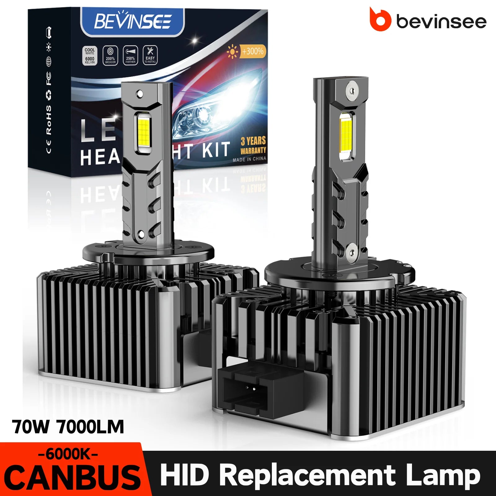 BEVINSEE D1S D3S D2S D5S D1R D2R D3R LED Lights for Car CANBUS 70W 7000LM 6000K 12V HID Xe
