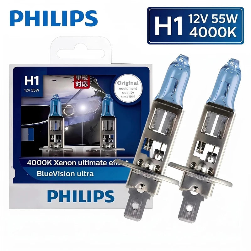 Philips H1 BlueVision Ultra Car Halogen Head Lamps P14.5s 4000K Xenon White Light 12V 55W