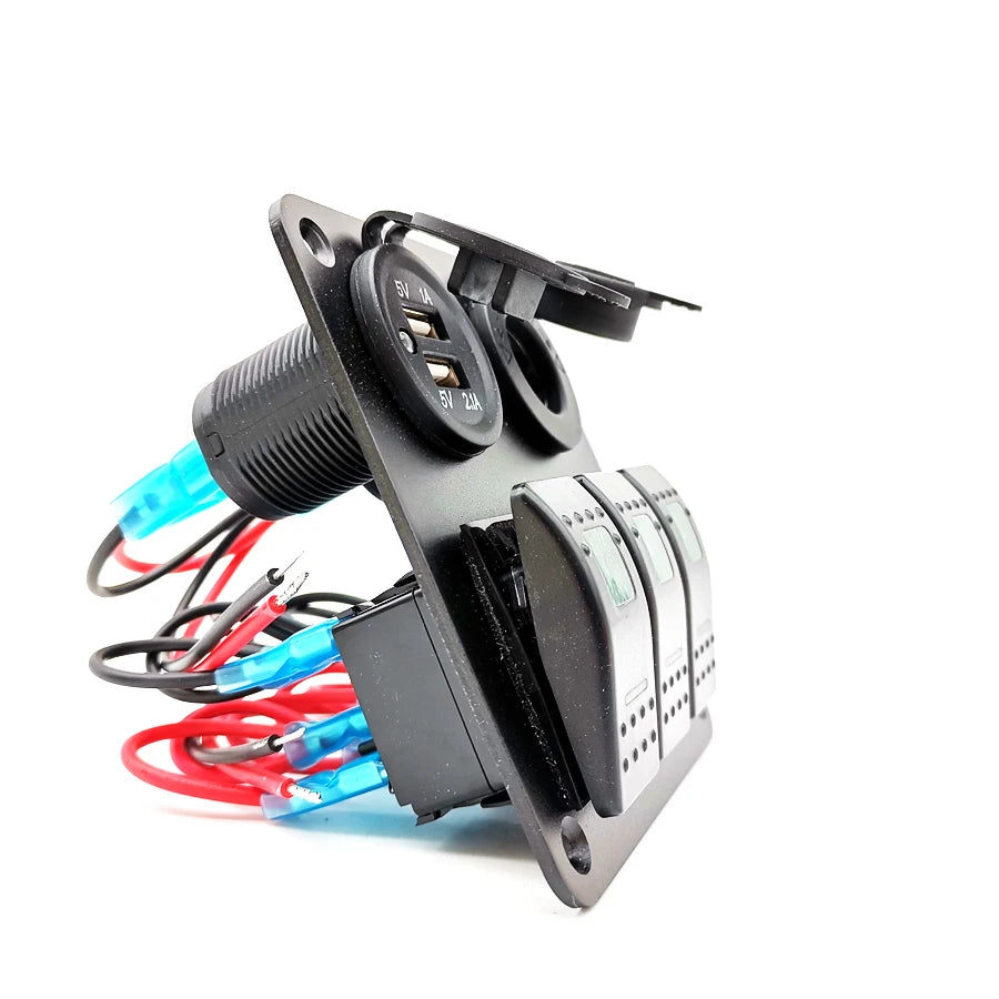12-24V 3 Gang LED Rocker Switch Panel Circuit Breaker Dual USB For Car SUV Boat