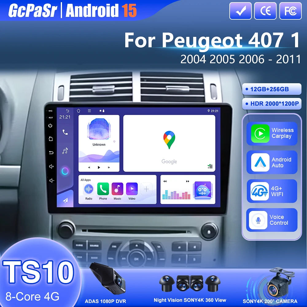 Android 15 For Peugeot 407 1 2004 - 2011 CarPlay Car Auto Radio Stereo Multimedia Player G