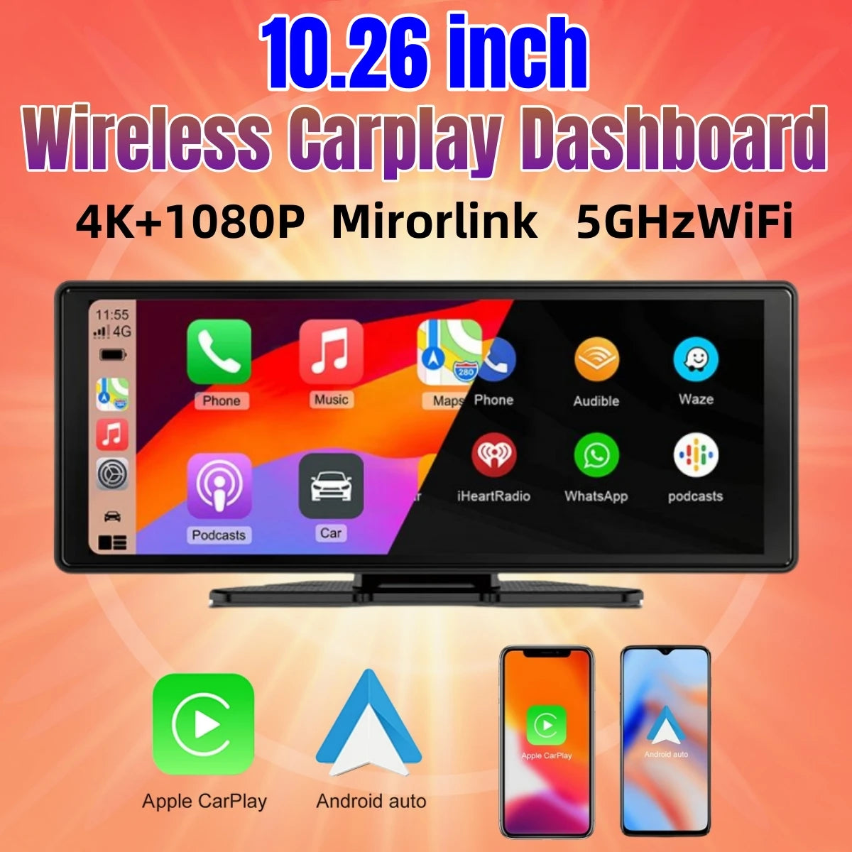10.26 inch Car DVR 4K Dash Cam Dual Lens Wireless Carplay & Android Auto Video Recorder Mo | AUTOKITSHOP