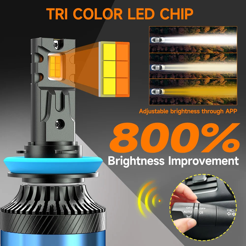 H4 LED H11 9005 HB3 9006 HB4 9012 H7 6000K 4300K 3000K LED Bulb Three Color One-Click Swit