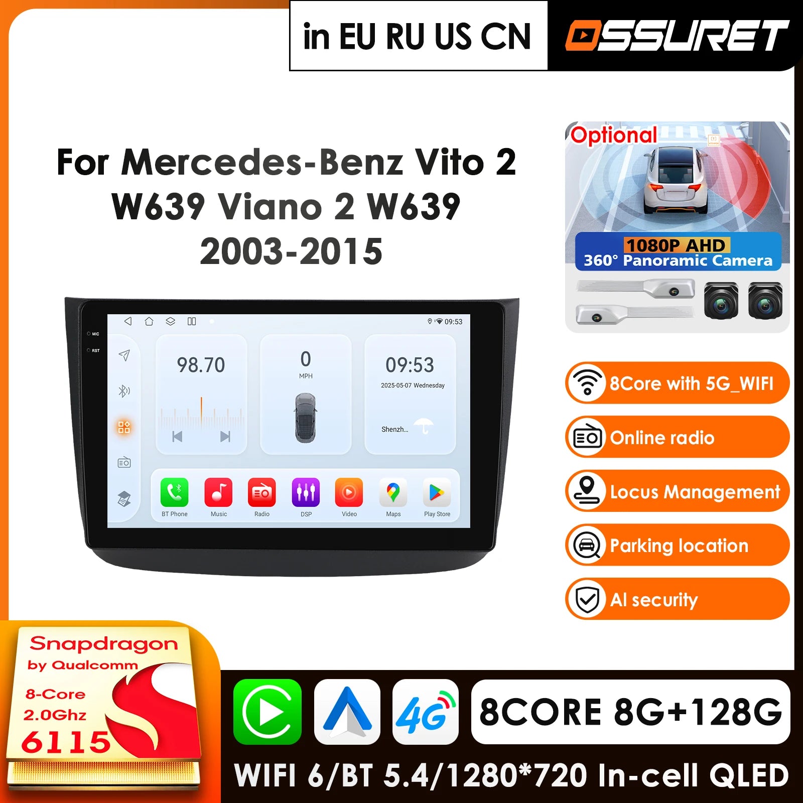 12.3" Car Radio GPS for Mercedes Benz Vito Viano W639 2003-2015 - Android 14 Snapdragon 8Core 2.0GHz Carplay Multimedia