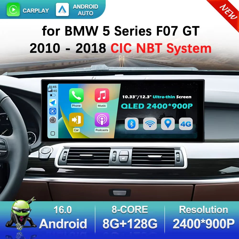 UItra-thin QLED Screen Android 16 for BMW 5 Series F07 GT 2010 - 2018 CIC NBT System Car V