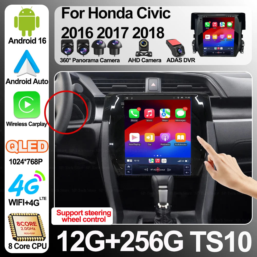 9.7 Inch For Honda Civic 2016 - 2018 Car Radio Android 16 Multimedia Video Player Carplay  | AUTOKITSHOP