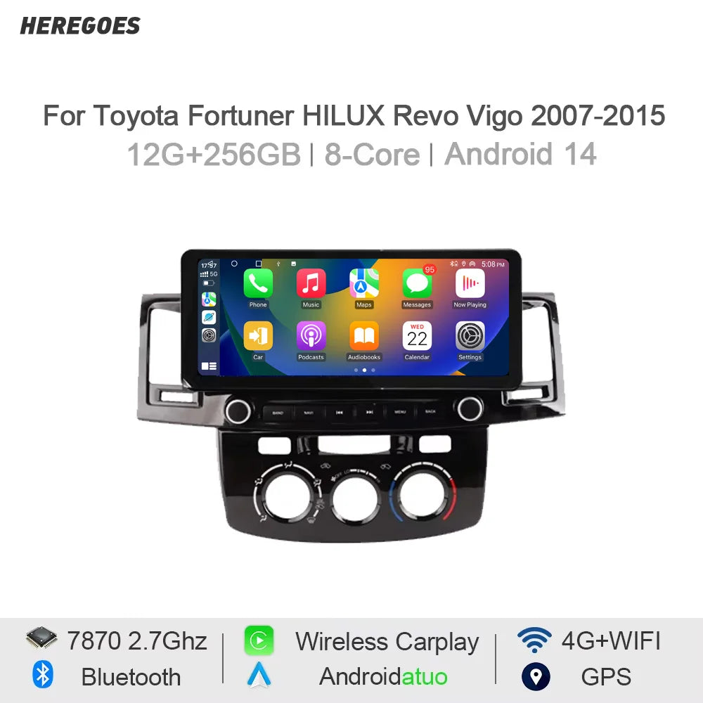12.3" Car Radio GPS Android 14 Carplay Auto Stereo 12+256GB WiFi Navigation for Toyota Fortuner Hilux Revo Vigo 2007-201