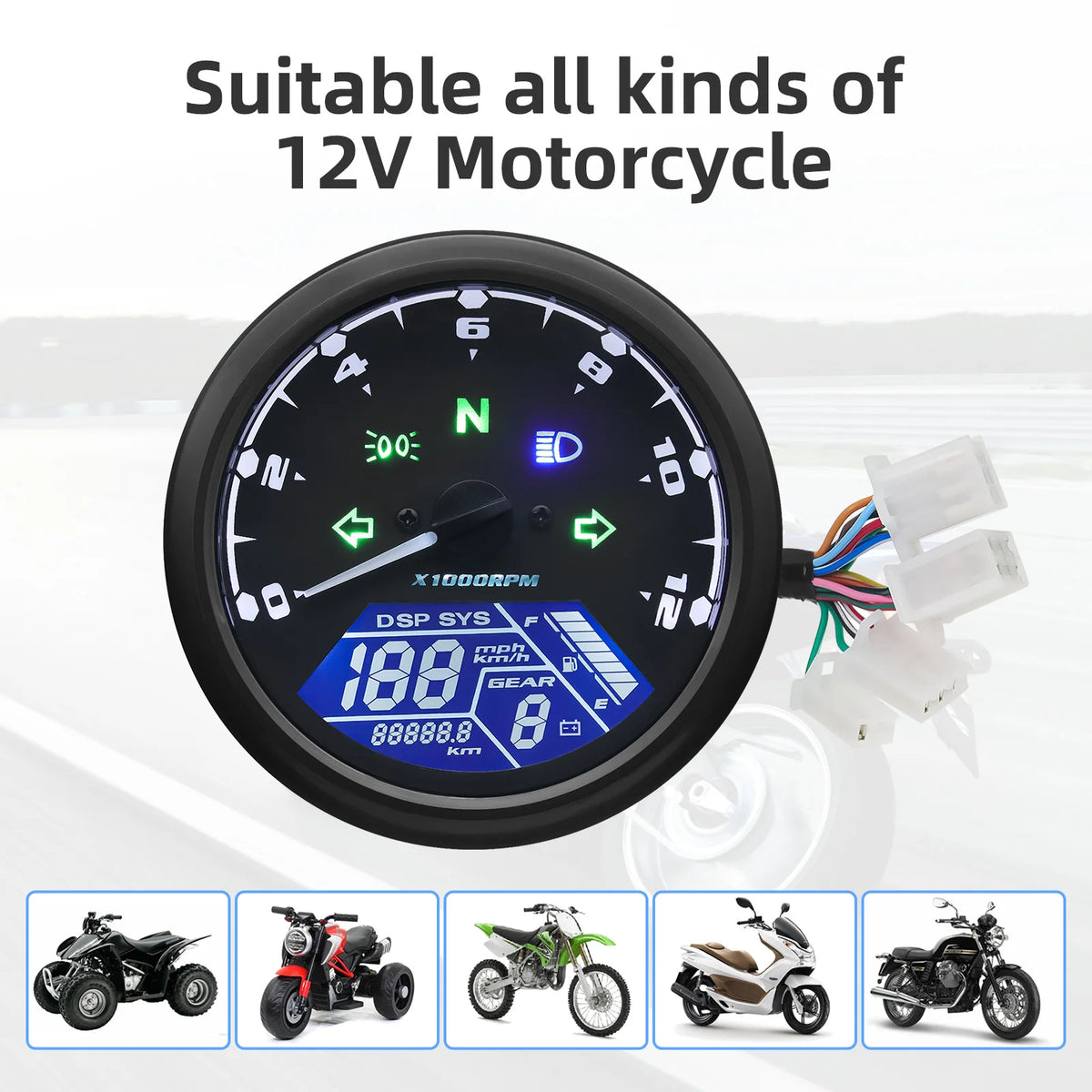0~12000RPM Universal Motorcycle Speedometer Dashboard Panel Digital LCD Display Speed MPH km/h T - Automotive LED Light