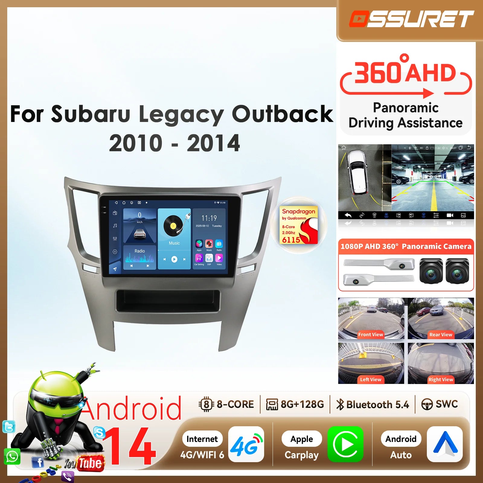 2DIN Android14 Carradio For Subaru Legacy Outback 2010-2014 Multimedia player BySnapdragon