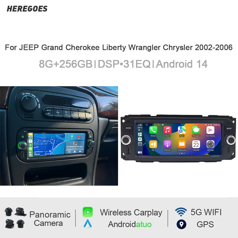 12.3" Car Radio GPS Android 14 8G+128G Carplay Multimedia Player WiFi for Jeep Grand Cherokee Liberty Wrangler Chrysler