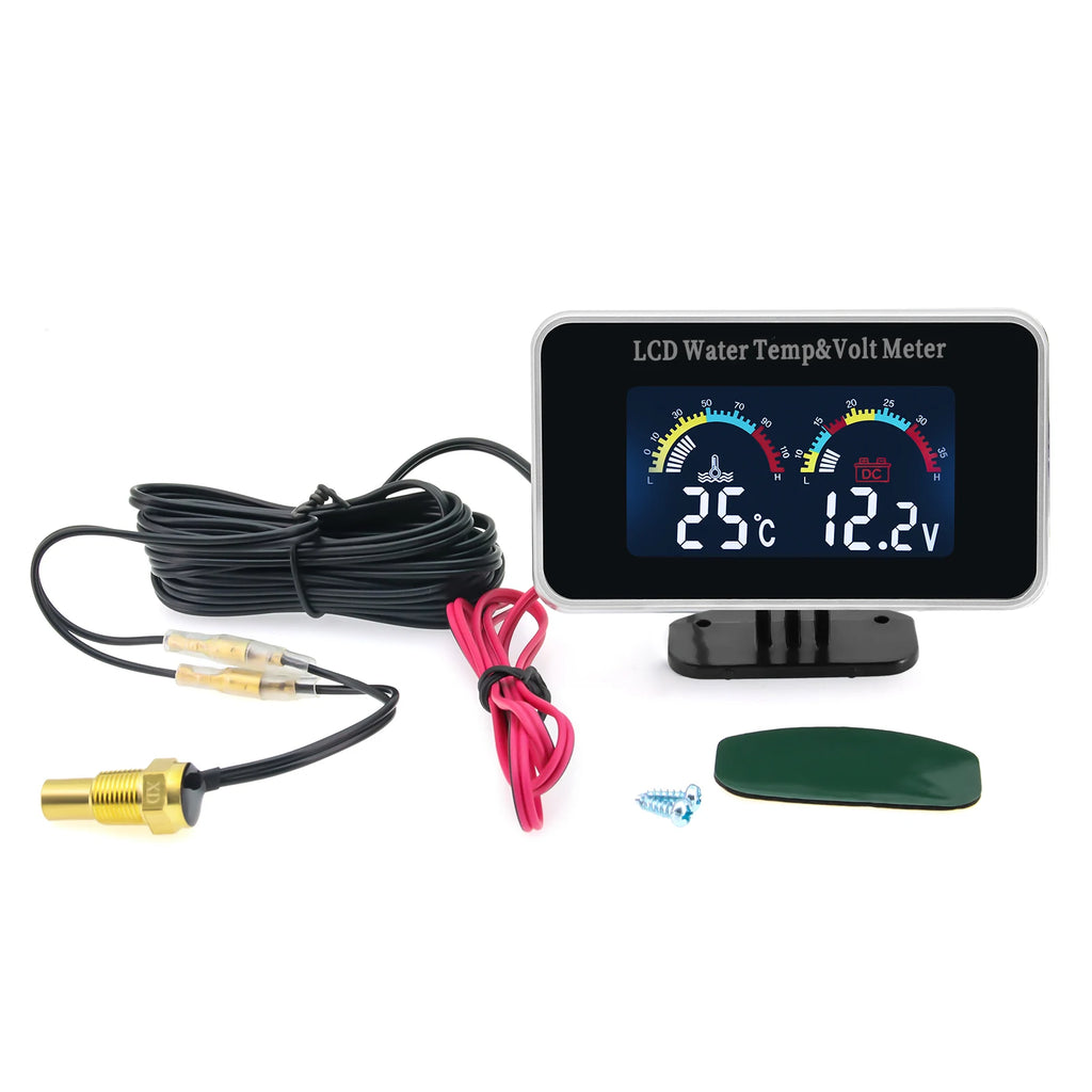 12V 24V Digital LCD Voltmeter Water Temperature Gauge + Water Temperature Sensor 10mm 1/8NPT 2in - Automotive LED Light
