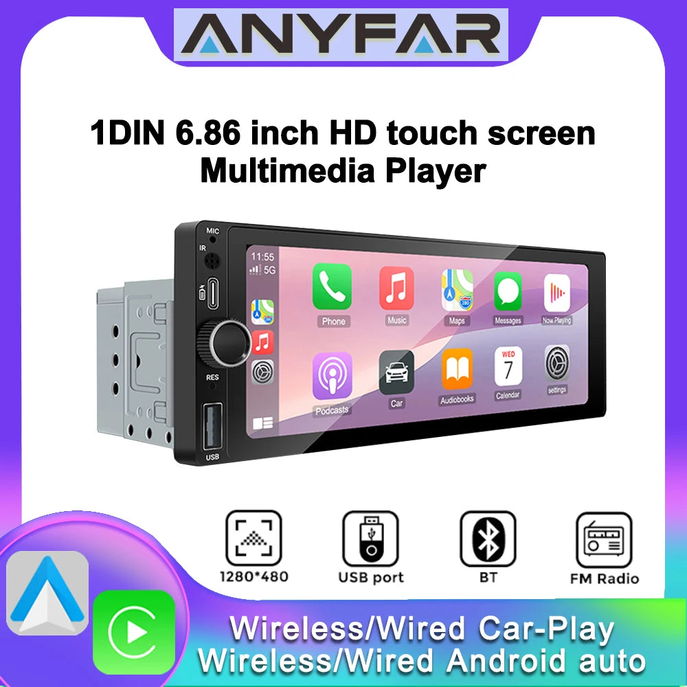 Universal 1 Din Android 6.86 Inch HD Touch Screen Wireless CarPlay Auto Car Radio Multimed
