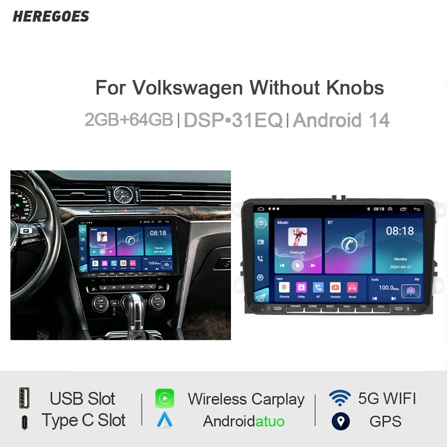 9" Android Car Radio GPS for Volkswagen CarPlay Auto Bluetooth Steering Control - No Knobs Design