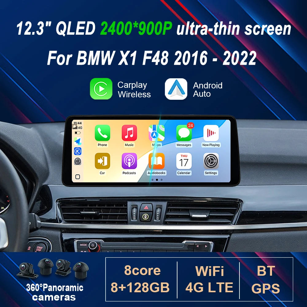 Wireless Carplay Ultra-Thin 12.3' Android 14 for BMW X1 F48 2016 - 2022 Car Radio Video Mu