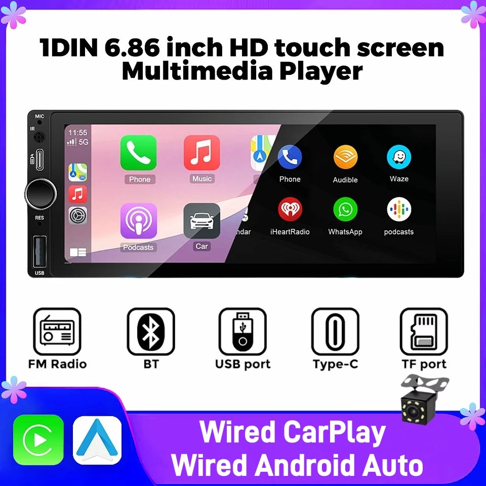 IPS 6.9 Inch 1Din Wired Carplay Android Auto Car Radio Multimedia Video MP5 Player Touch S | AUTOKITSHOP