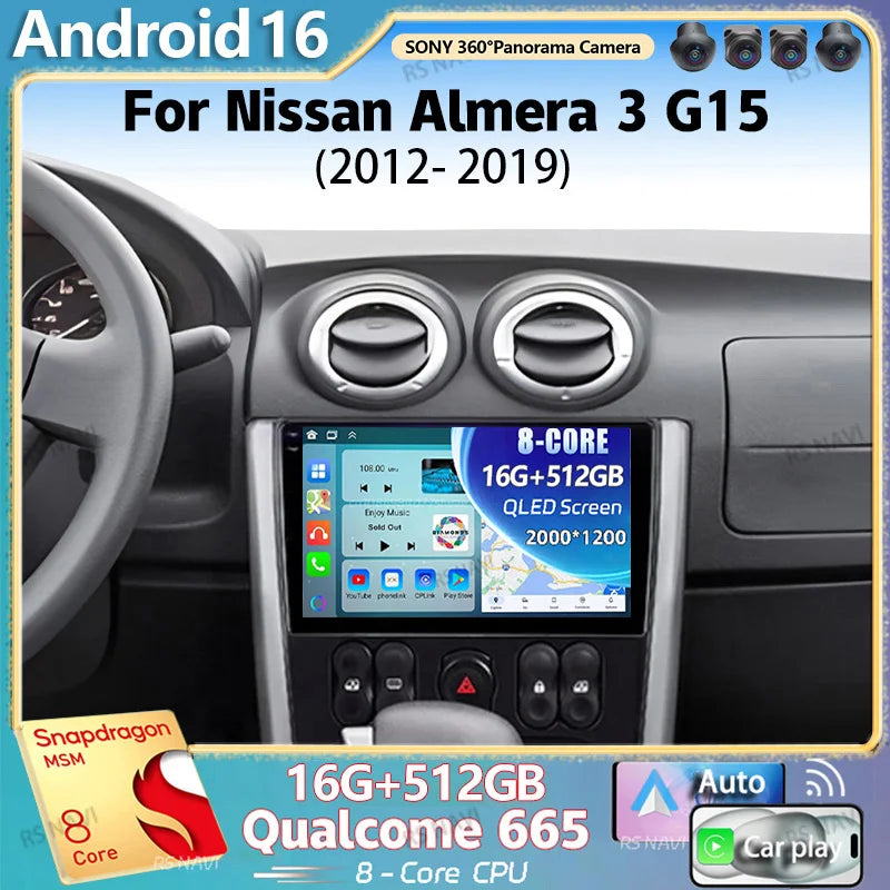 Android 16 For Nissan Almera 3 G15 2012 - 2019 LHD 2K QLED Stereo Car Radio Multimedia Vid