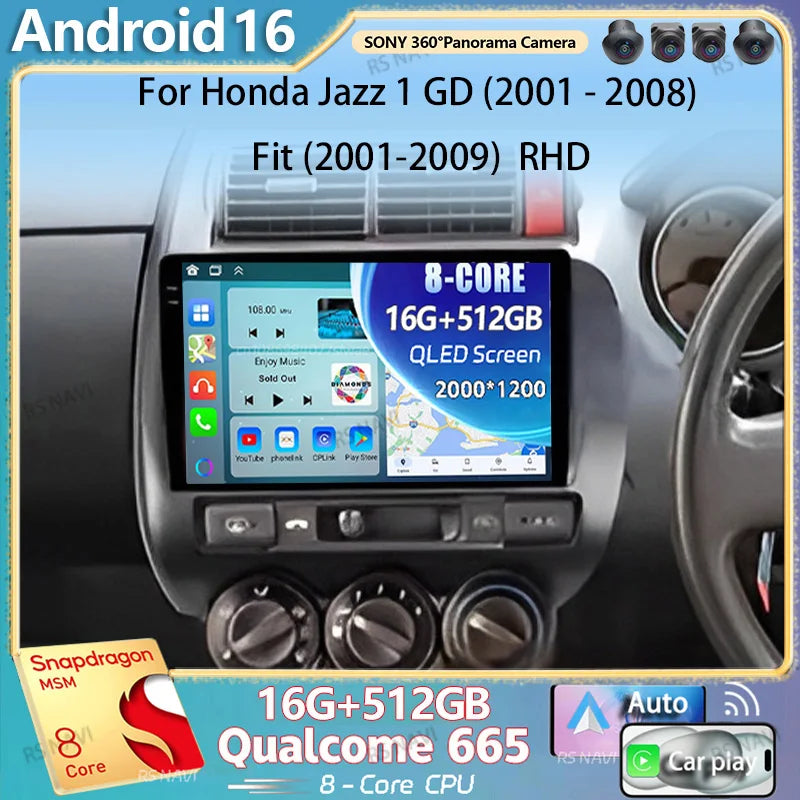 Android 16 For Honda Jazz 1 GD 2001 - 2008 Fit 2001-2009 2K QLED Stereo Car Radio Multimed