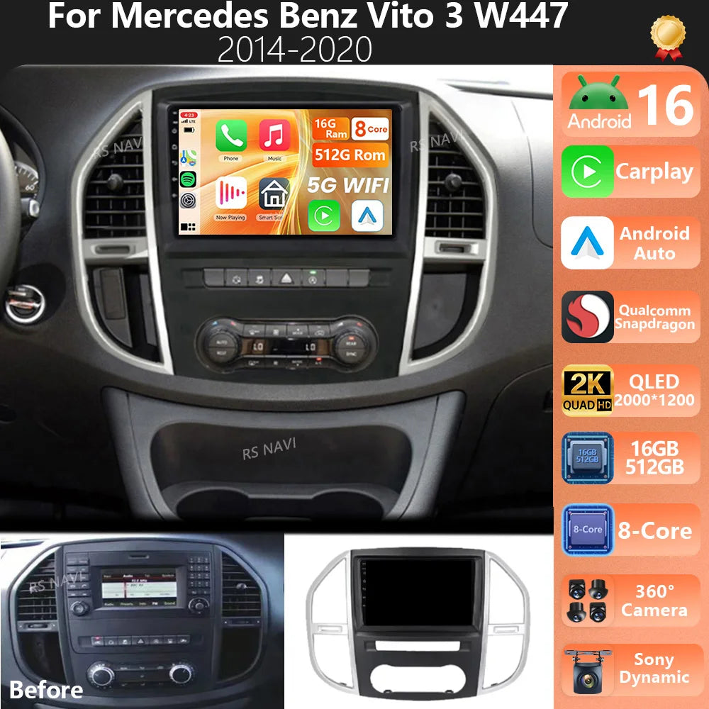 Plug and Play Android 16 For Mercedes Benz Vito 3 W447 2014-2020 2K QLED Android Car Radio