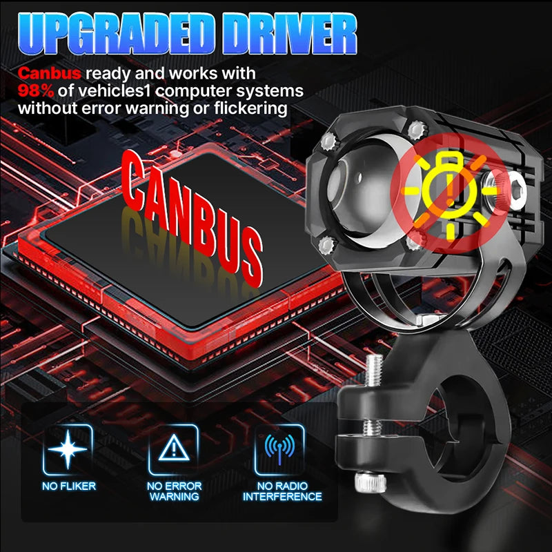 2pc Motorcycle Projection LED Headlight Lens Bi-color Auxiliary Spotlight Red Flashing War