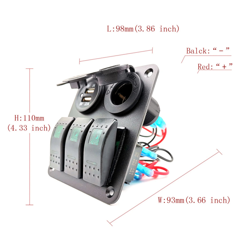 12-24V 3 Gang LED Rocker Switch Panel Circuit Breaker Dual USB For Car SUV Boat