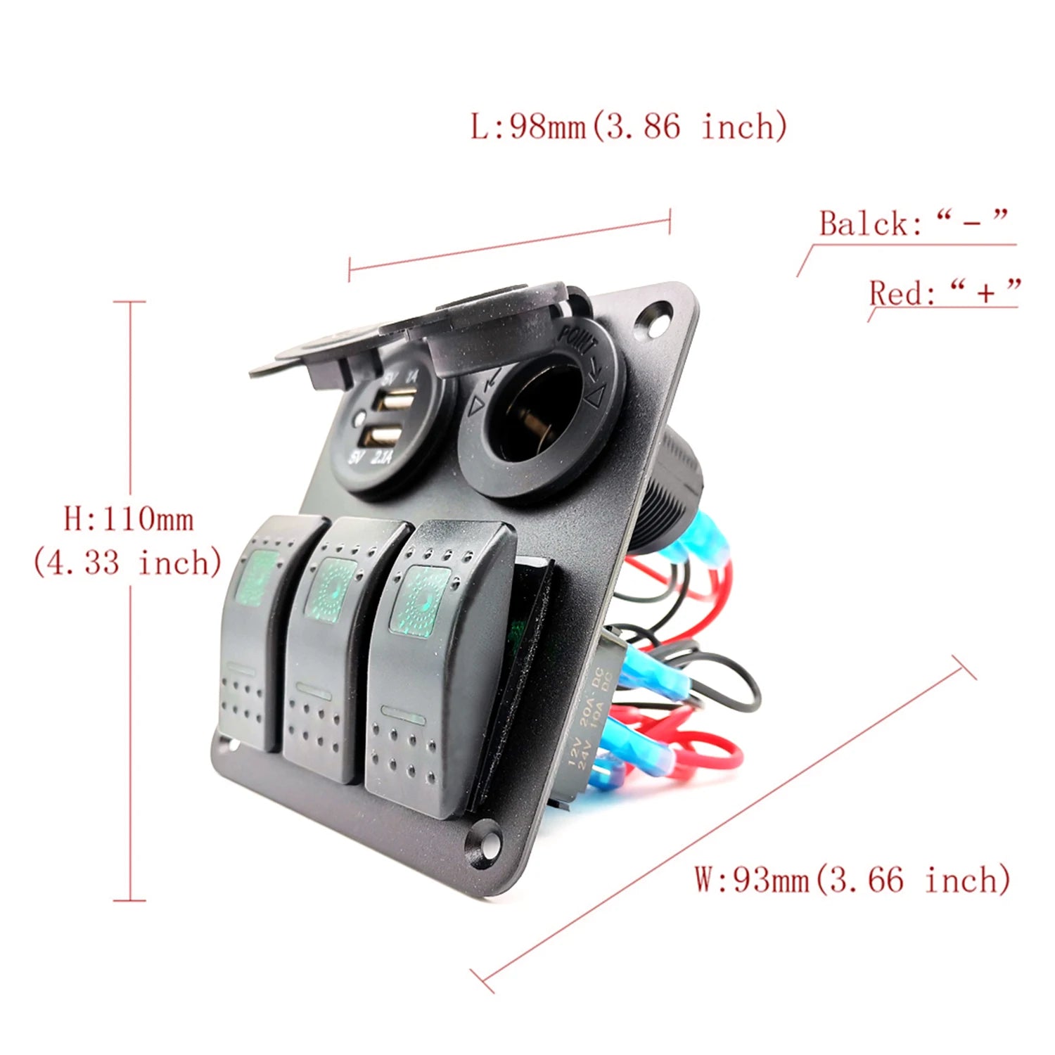 12-24V 3 Gang LED Rocker Switch Panel Circuit Breaker Dual USB For Car SUV Boat