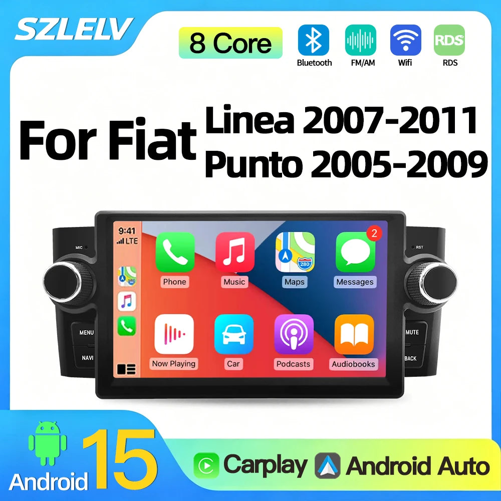 SZLELV Android 15 Auto For FIAT Punto 2005-2009 Linea 2007-2011 Car Radio CarPlay Multimed