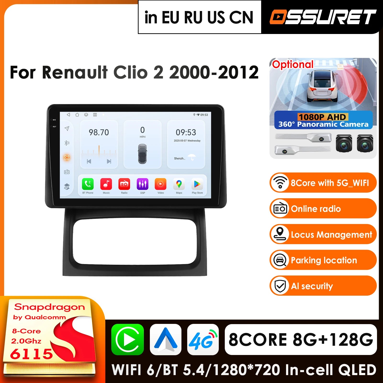 9" Carplay 4G-LTE Android Car Radio GPS for Renault Clio 2 BB CB II 2000-2012 - Multimedia Player Stereo RDS