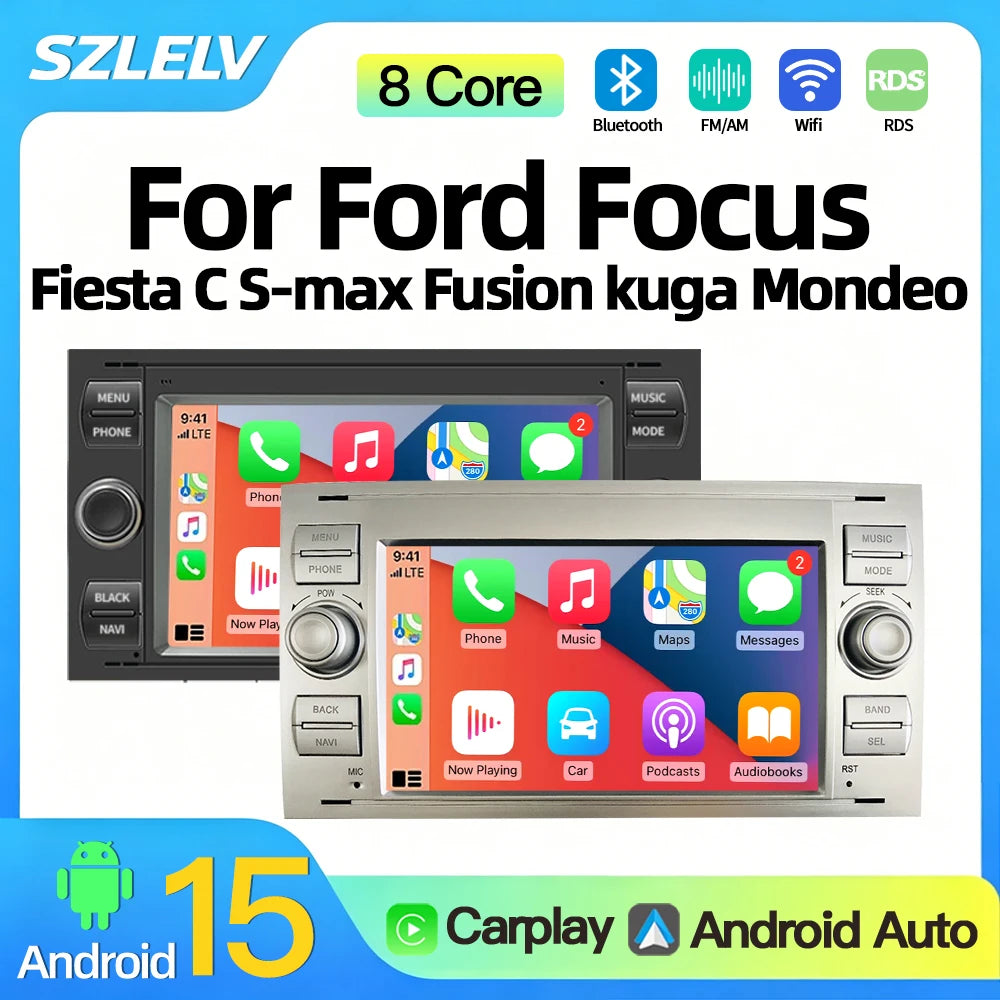 SZLELV Android 15 Car Radio For Ford Focus Fiesta C S-max Fusion kuga Mondeo Galaxy 2 Mult