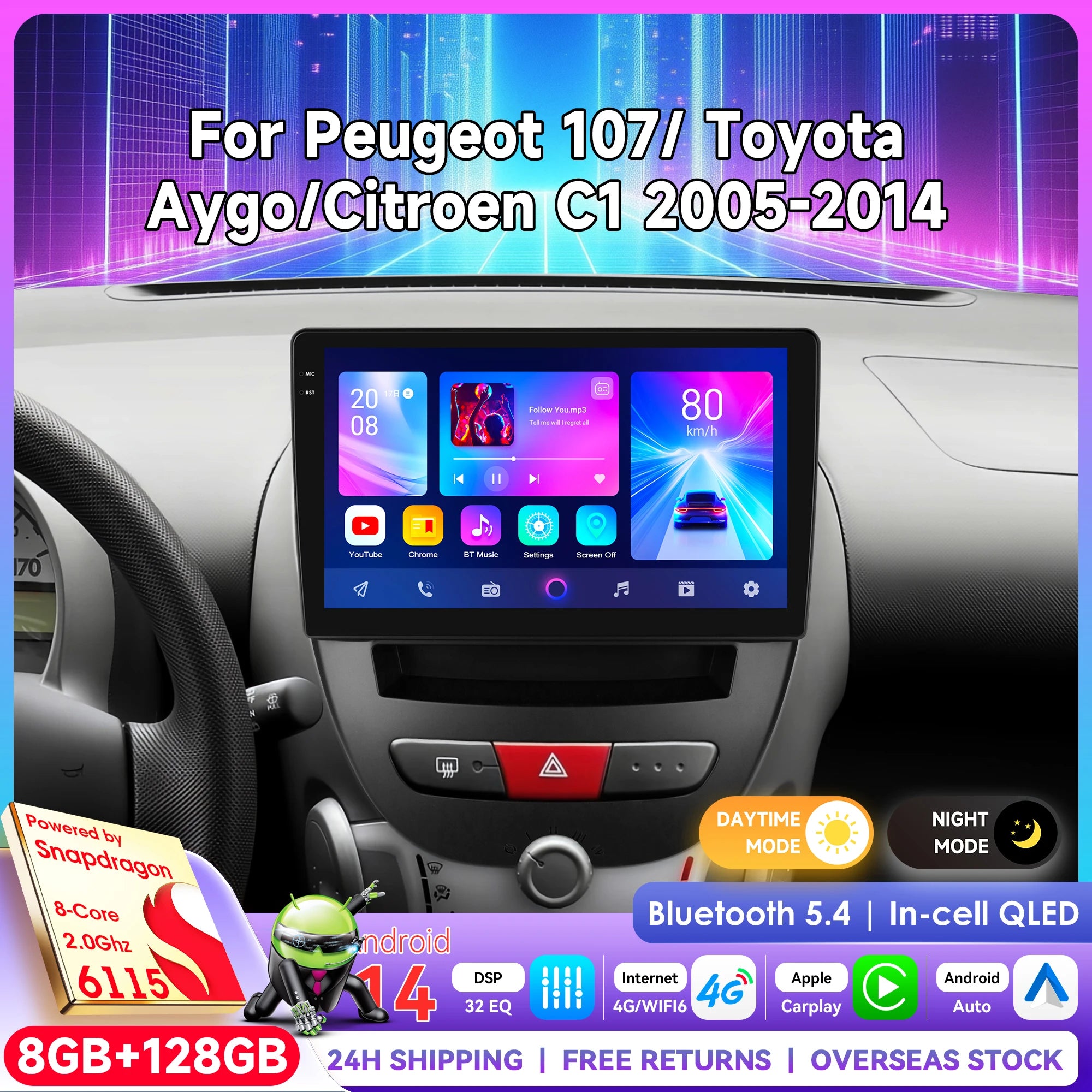 12.3" Car Radio GPS Android Auto Carplay 4G-LTE 360Cam for Peugeot 107 Toyota Aygo Citroen C1 2005-2014 - Qualcomm 5G WI