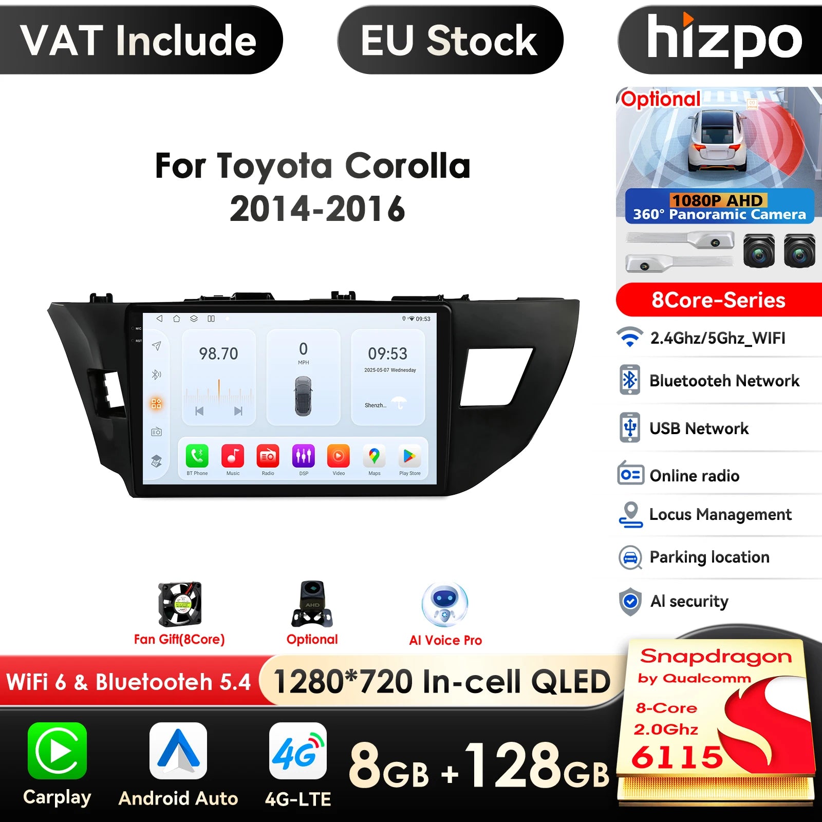 10.1" 4G-LTE Carplay Android Car Radio GPS for Toyota Corolla 2014-2016 E160 E170 - Multimedia Player with RDS & AI Voic