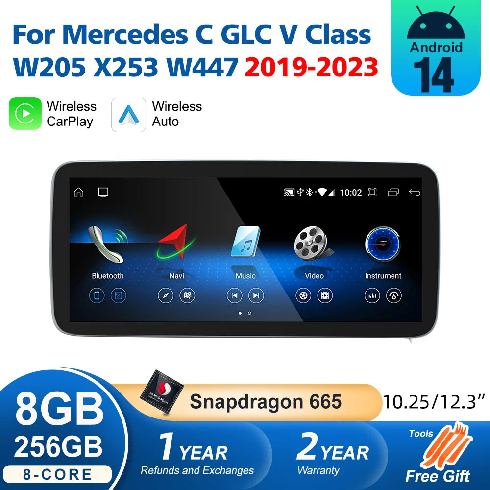 Android 14 For Mercedes Benz C GLC V Class W205 X253 W447 2019-2023 Wireless CarPlay Radio