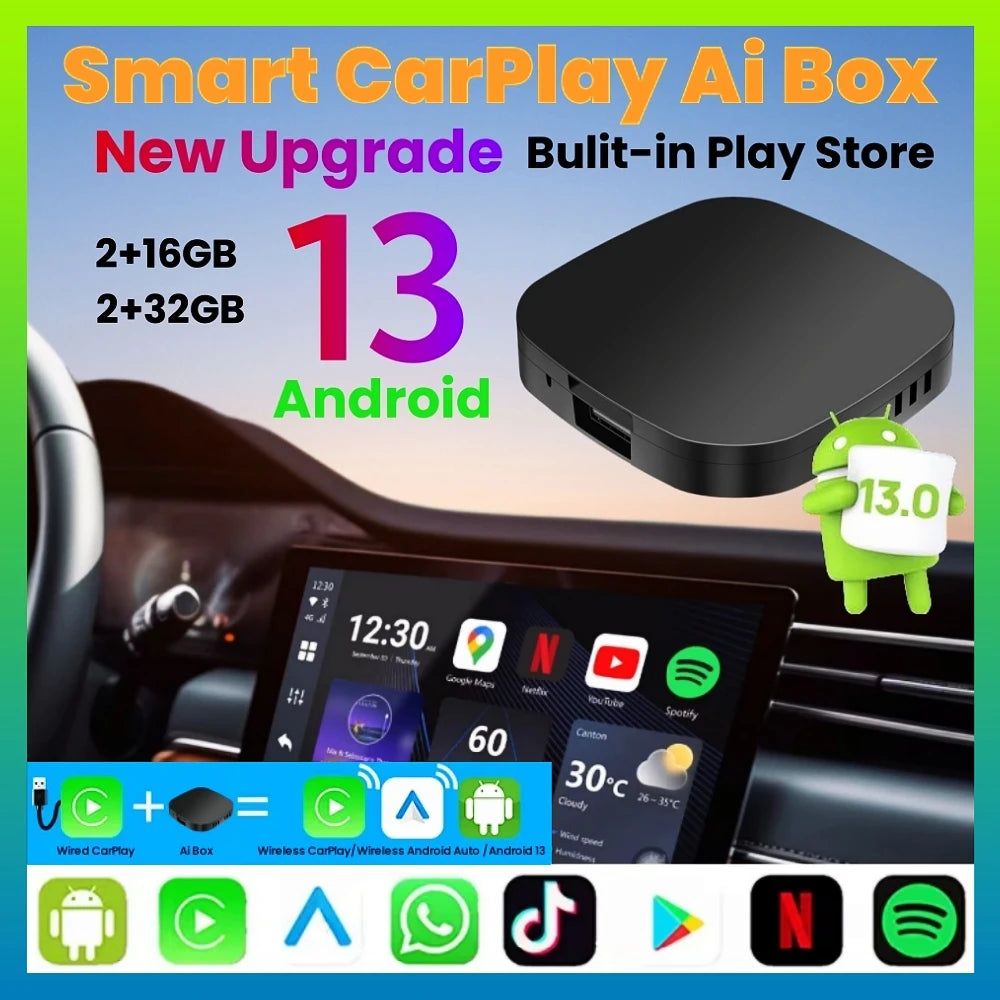 Android 13 Ai Box Wired to Wireless Carplay Android Auto Adapter WiFi For Youtube Nexflit  | AUTOKITSHOP
