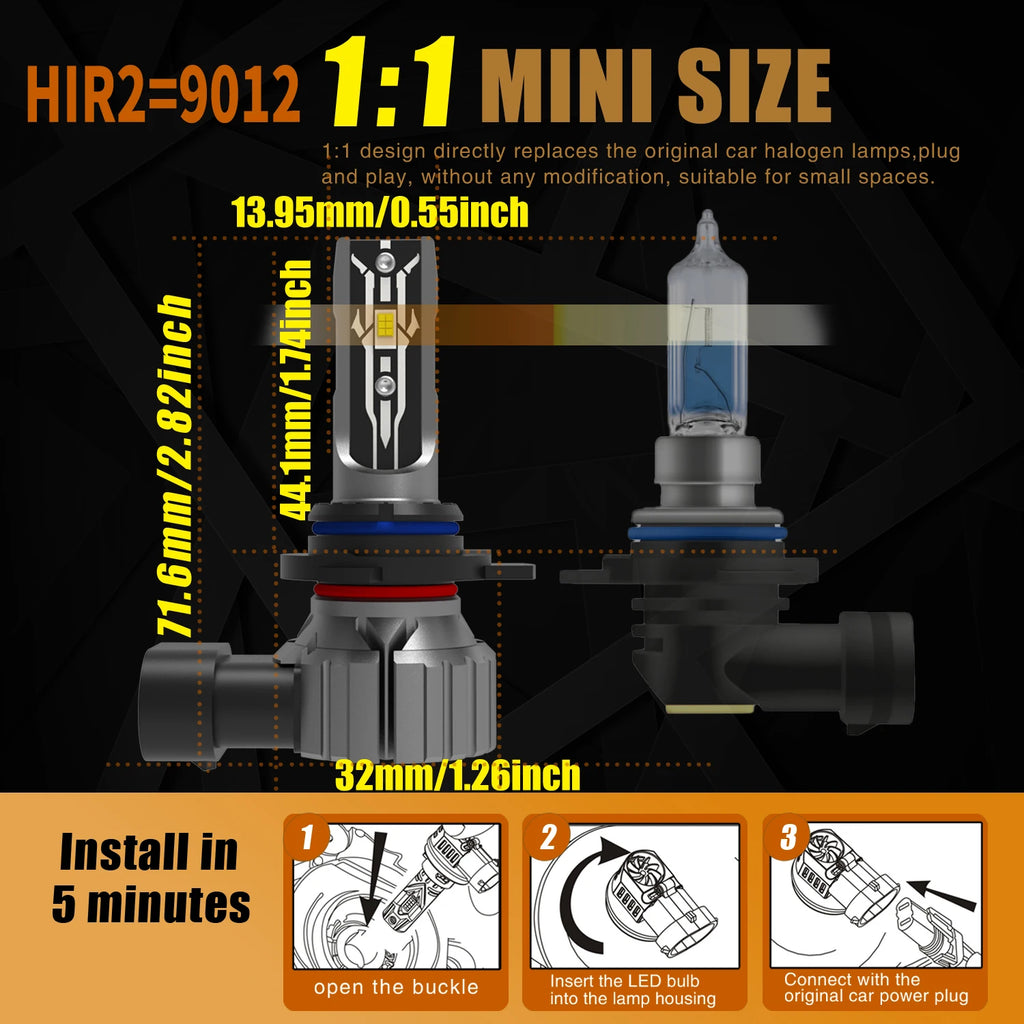 High Power HIR2 9012 LED Headlight Bulbs Super Bright Powerful No Adapter Required Car Tur