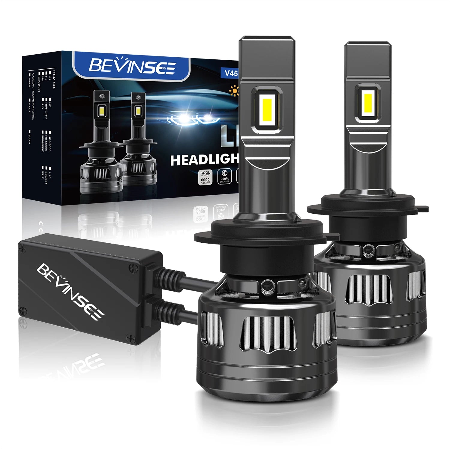 BEVINSEE V45 H7 LED Headlights H4 High Low Beam 120W 22000LM CANBUS H11 H1 9005 HB3 9006 H