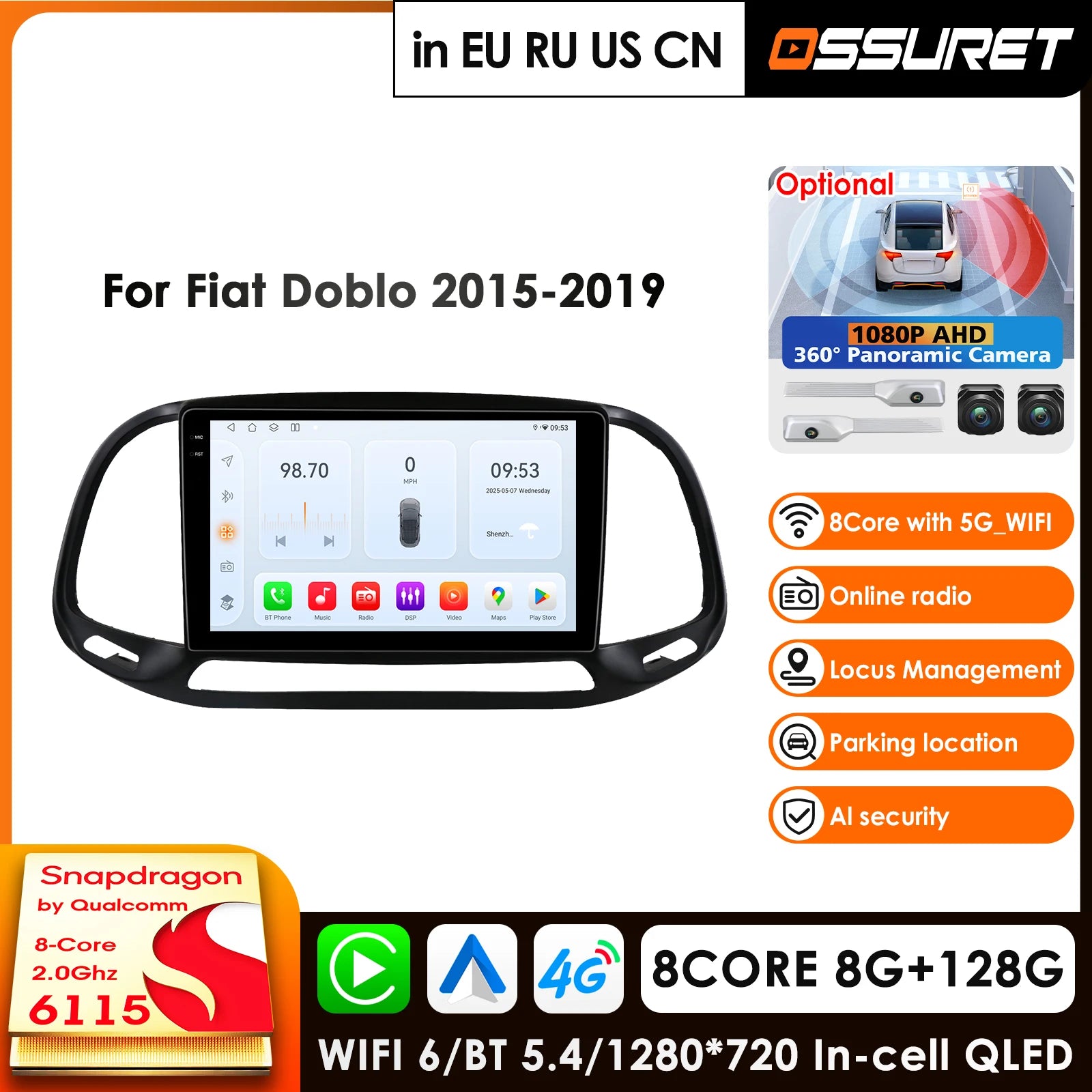 9" 10.33" Android 14 Car Radio GPS for Fiat Doblo 2015-2019 - Multimedia Player with CarPlay, Android Auto, 4G, WiFi, BT