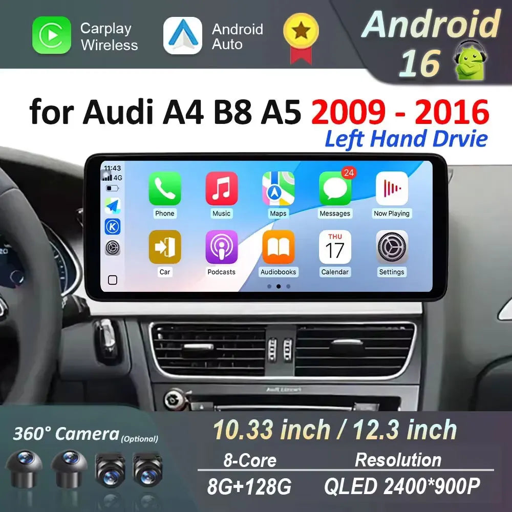 Android 16 Left Hand Drvie for Audi A4 B8 A5 2009 - 2016 Car Radio Video Player Carplay Na