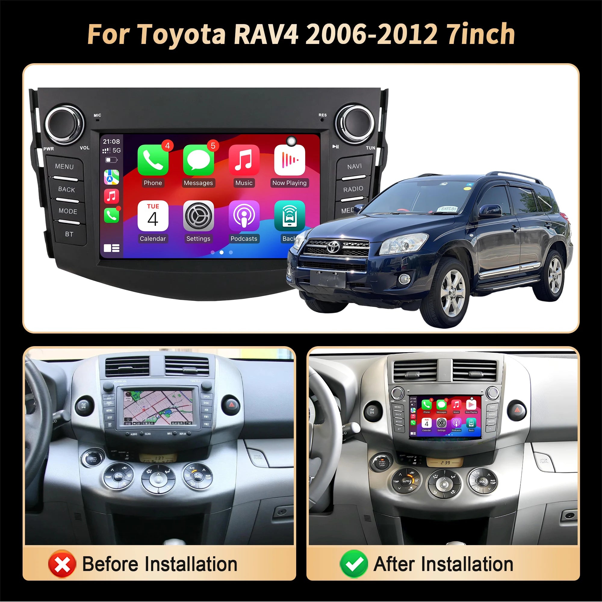 7 inch Android 14 Car Radio For Toyota RAV4 2006 2007 2008 2009 2010 2011 2012 Wireless Bl