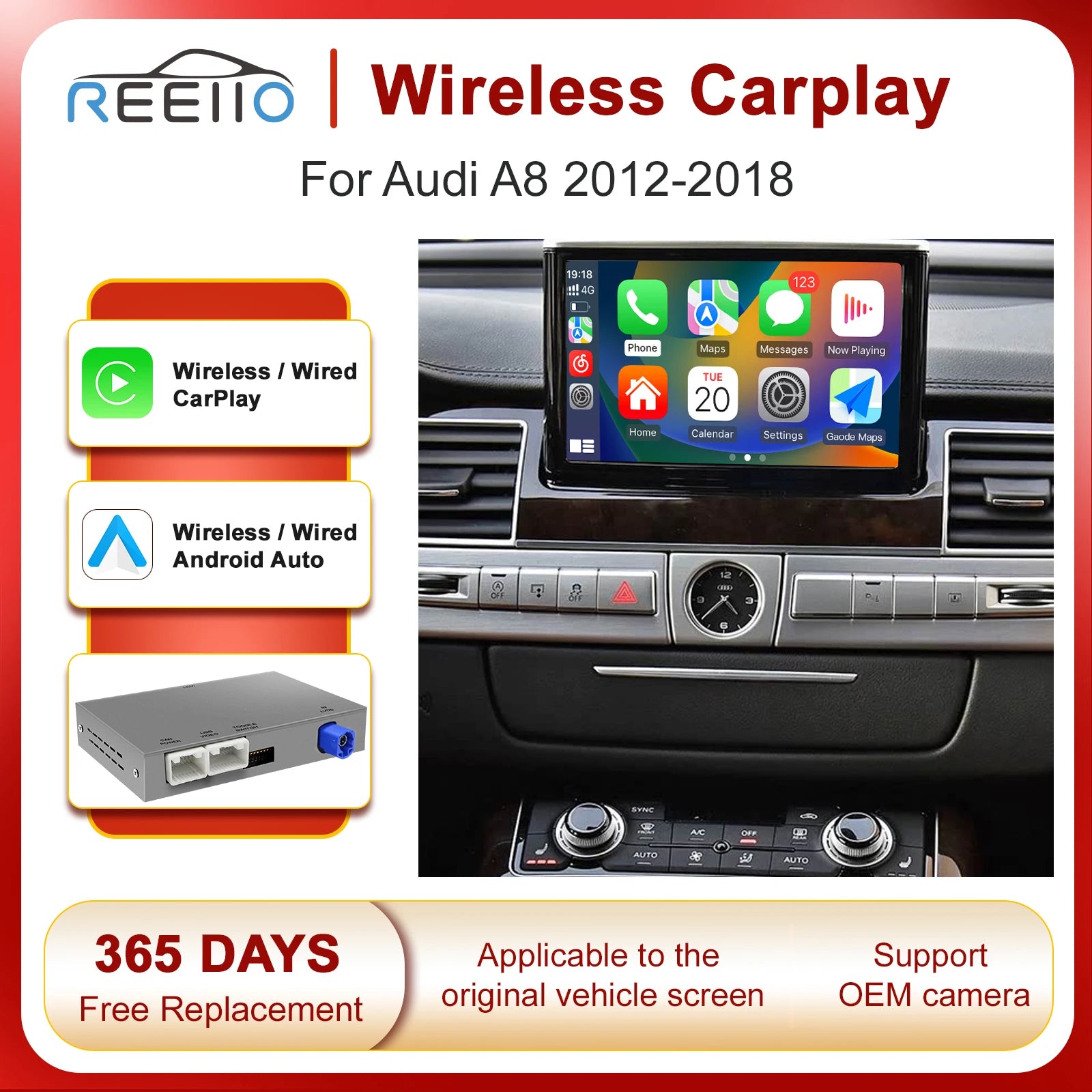 Wireless CarPlay Android Auto Interface for Audi A8/A8L 2010-2017 Supports Mirror Link Air