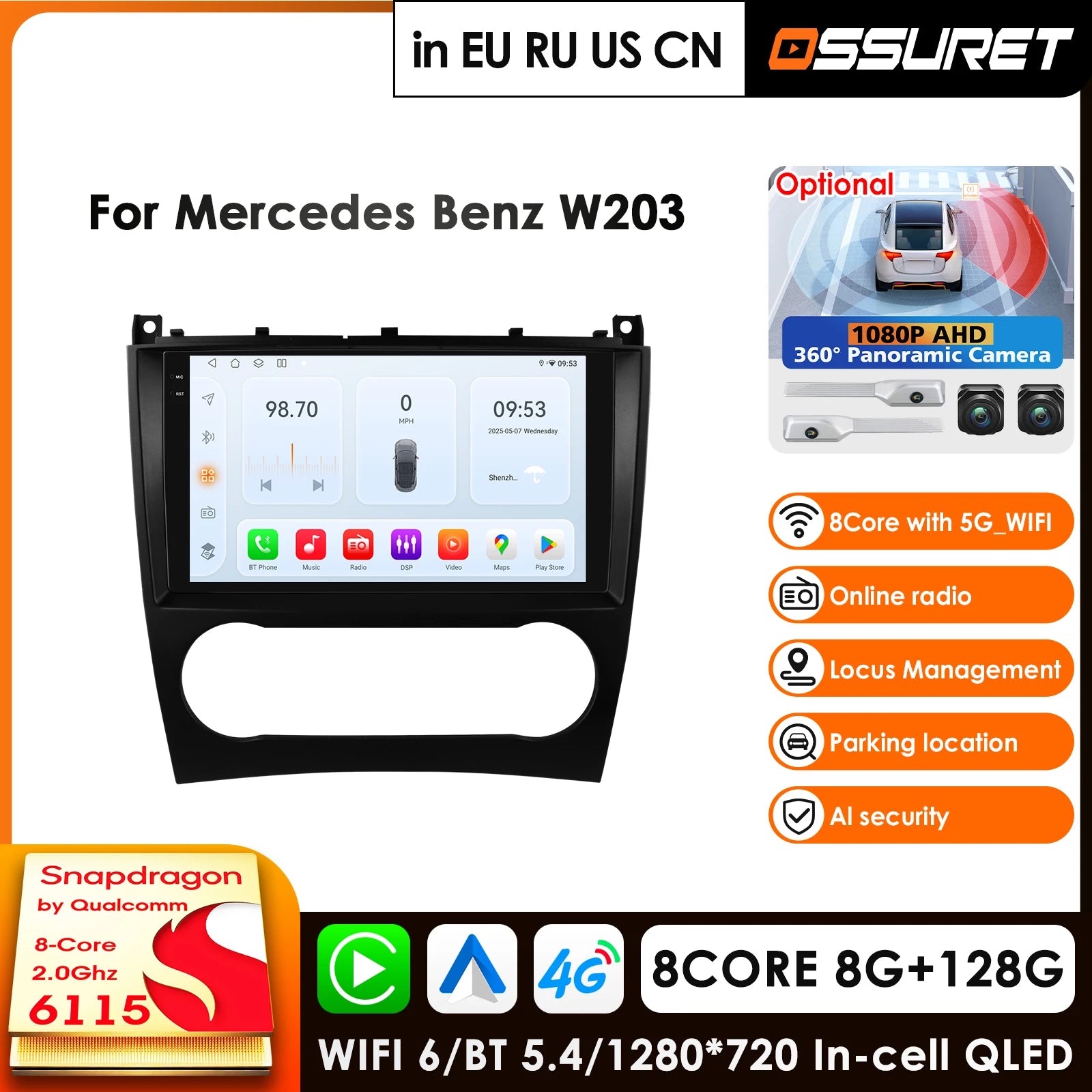 9'' QLED Screen 2din Android Car Radio GPS Navigation for Mercedes Benz CLC W203 C-Class C180 C200 CLK200 CLK W209 - 8Co