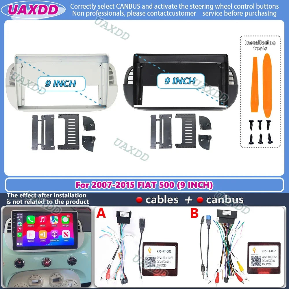 For 2007-2015 FIAT 500 9INCH 2 Din Car stereo CD Android frame panel fascia cable video ha