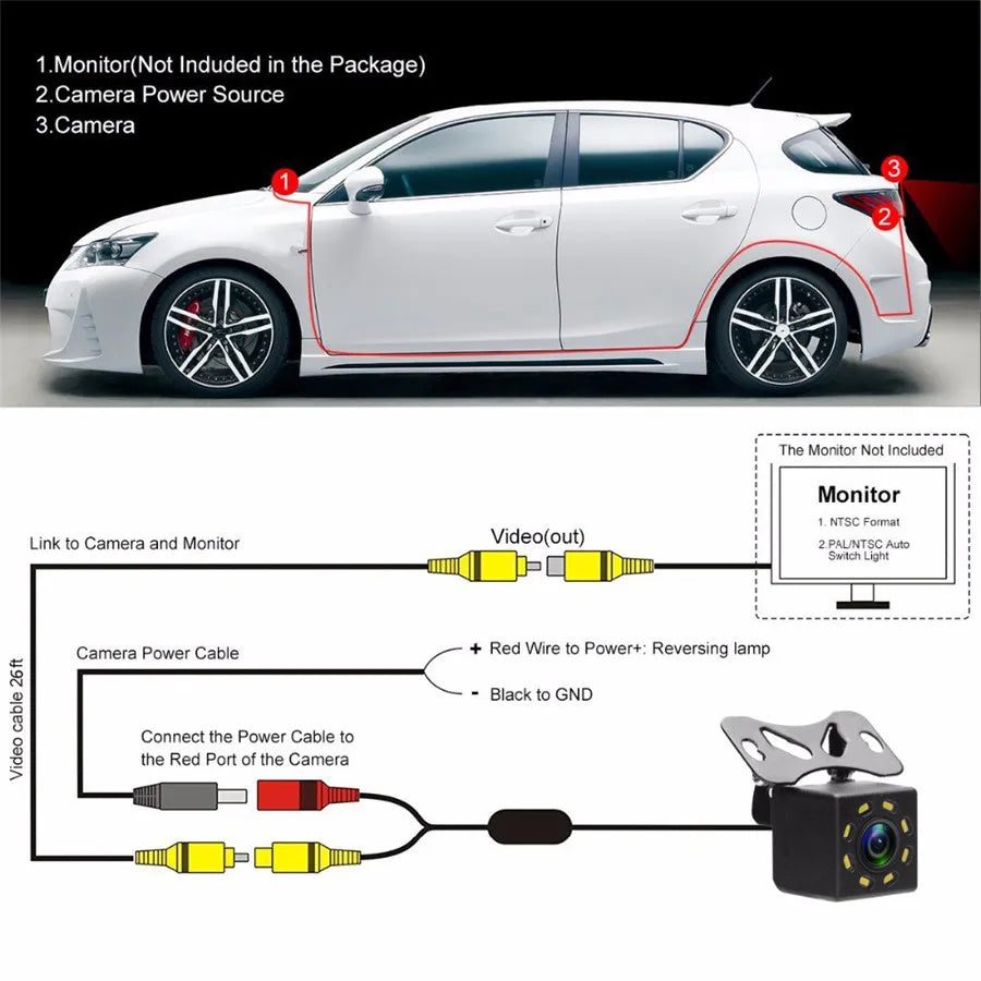 12V 8 LED Car Rearview Camera Backup Parking Cam 170° Night View Waterproof NTSC