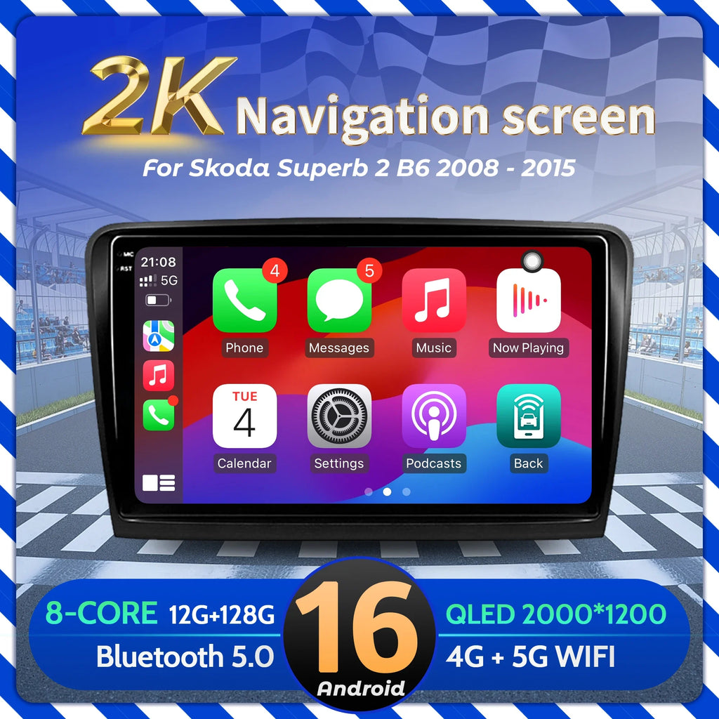 10.1inch Car Radio Android 16 For Skoda Superb 2 B6 2008-2015 BT Carplay Multimedia Naviga