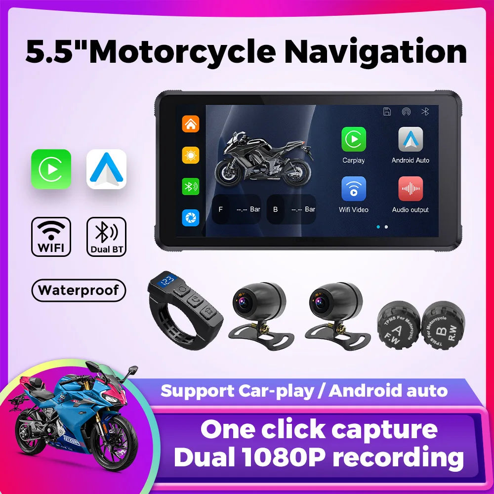5.5 Inch Portable Motorcycle LCD IPX7 Waterproof For Wireless Carplay Android Auto Moto On