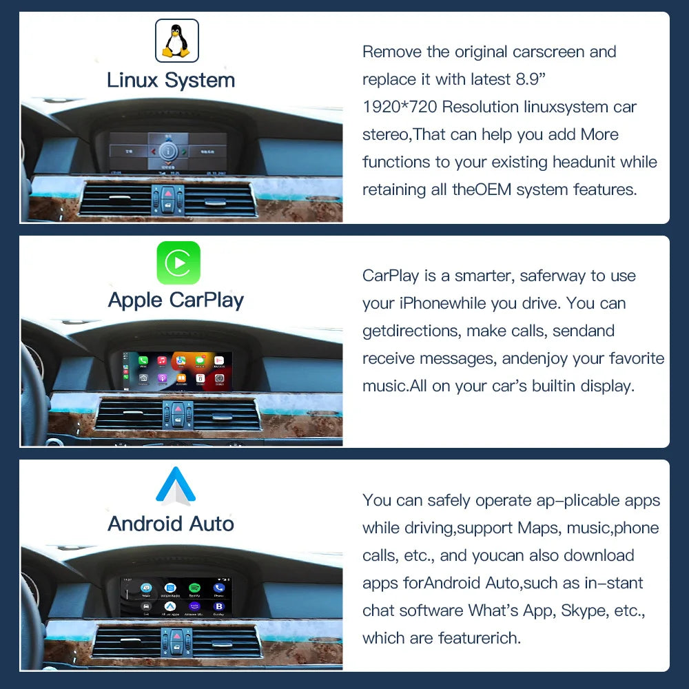 CARABC Wireless Carplay Android Auto 8.9" Car Navigation Screen For BMW 3/5 Series E60/E63