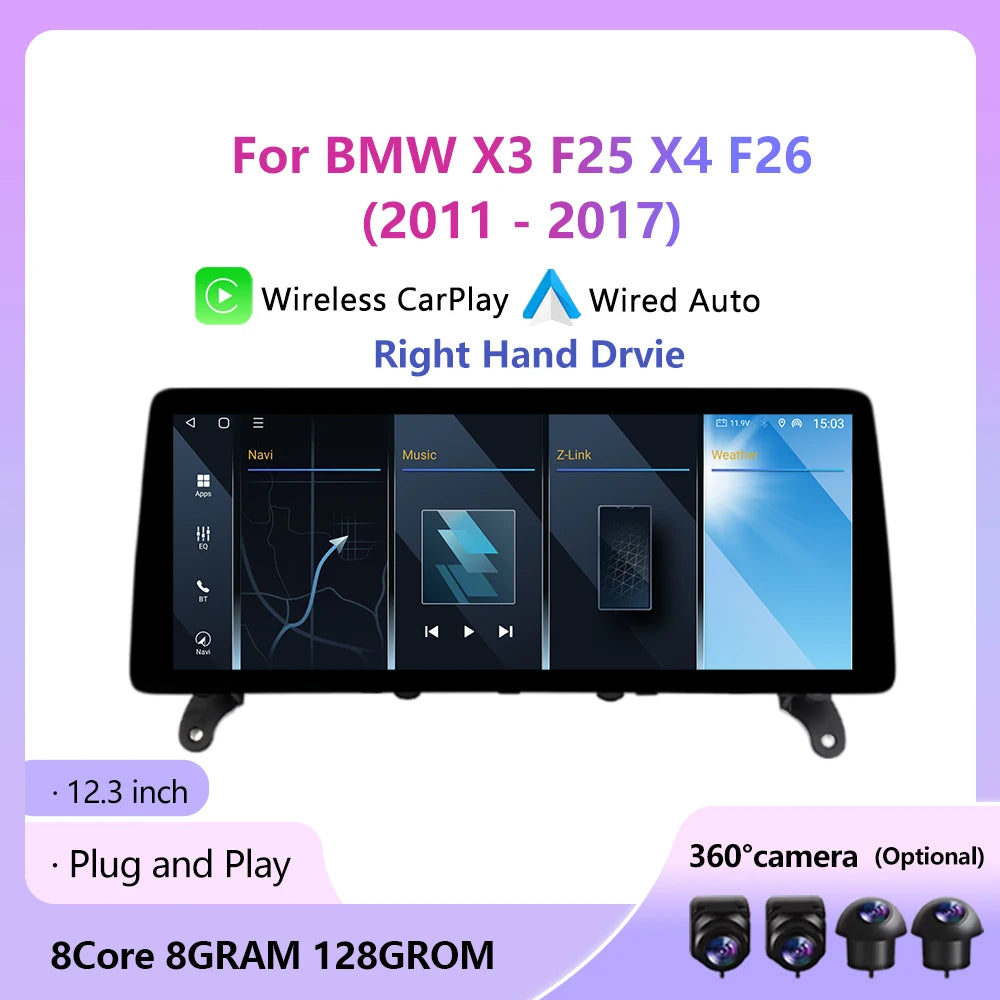 Right Hand Drvie Wireless CarPlay Android 12.3inch For BMW X3 F25 X4 F26 2011- 2017 Multim