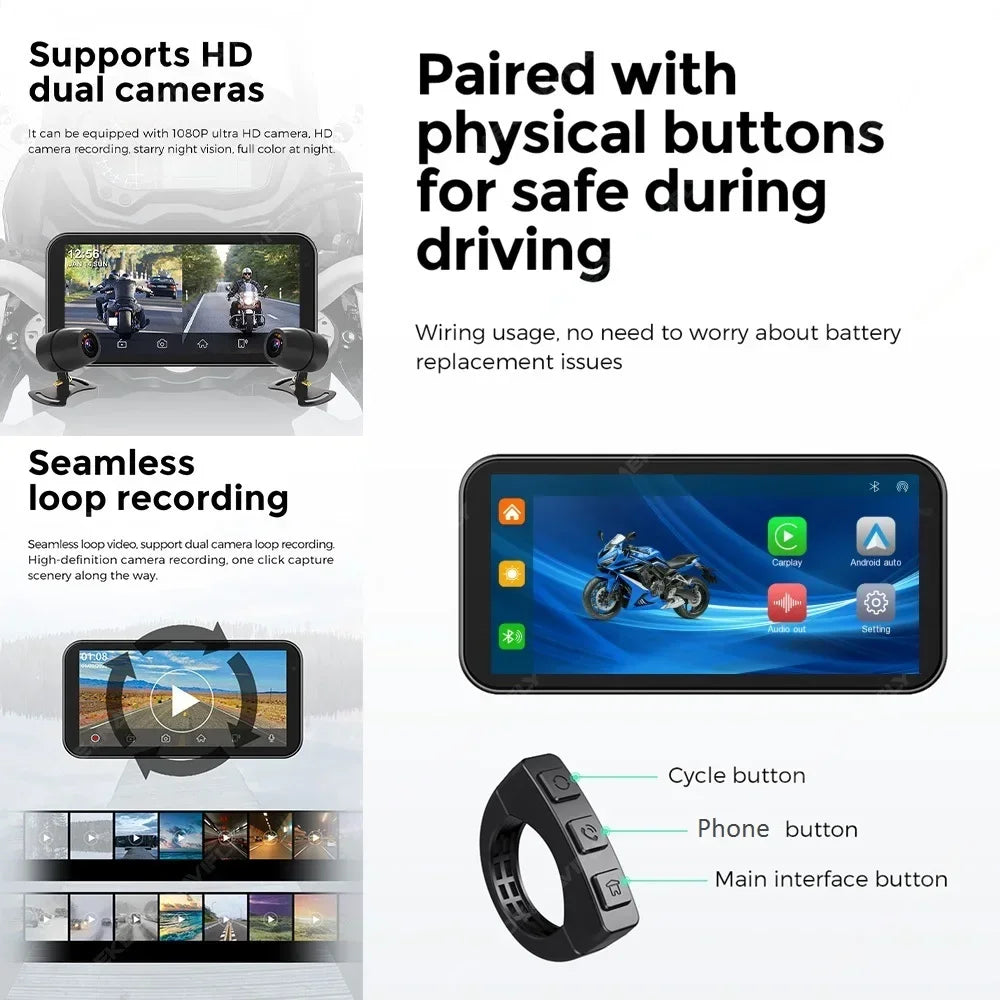 6.25 Inch Portable Motorcycle IP67 Waterproof Wireless for Apple CarPlay Android Auto Mote | AUTOKITSHOP
