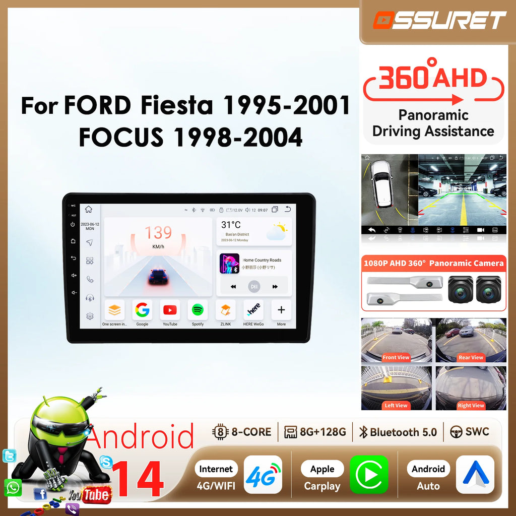 9"AI Carplay Android Car radio for FOCUS 1998 - 2004 FORD fiesta 1995 - 2001 mutimedia 360